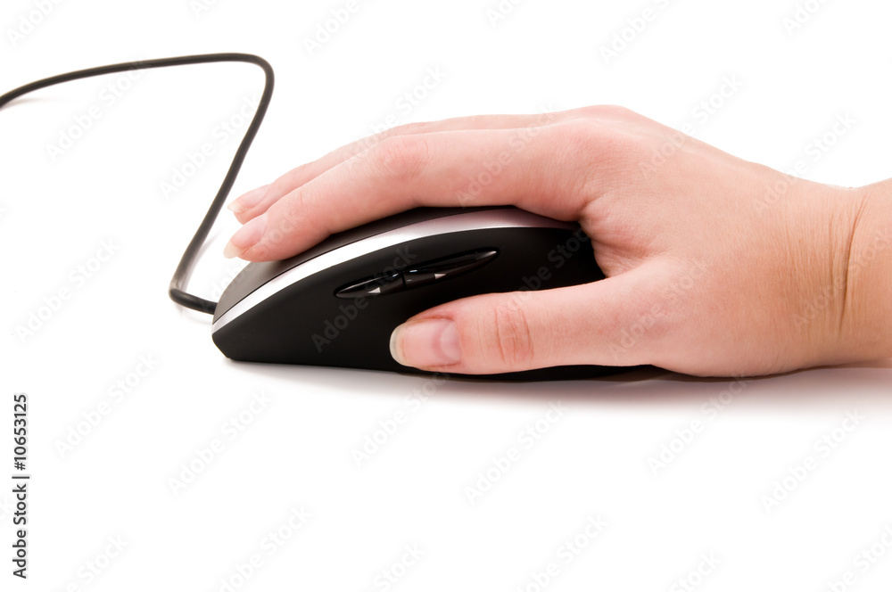 computer mouse with hand on white computer mouse with hand on white