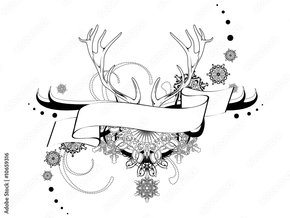 Hirschgeweih mit Banner und Ornamenten