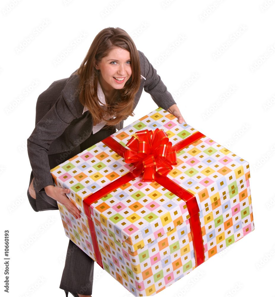 Smile business woman with big gift box. Isolated. Smile business woman with big gift box. Isolated.
