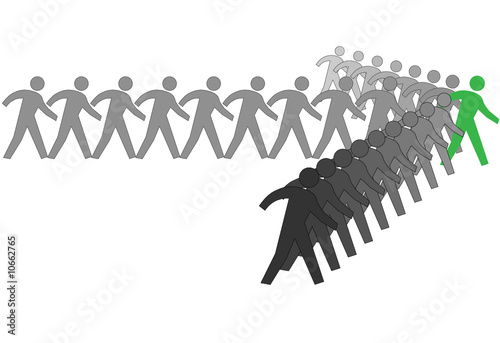 Team of people march to progress in arrow behind leader
