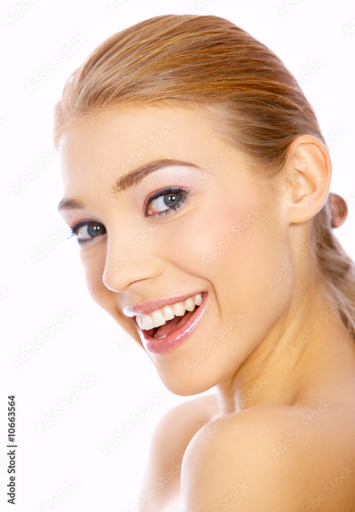 Portrait of happy blond woman smiling, isolated on white Portrait of happy blond woman smiling, isolated on white