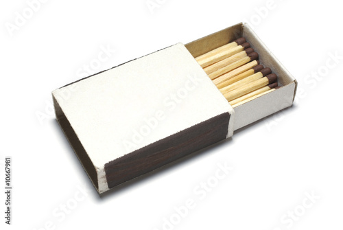 Matches in opened box isolated on white background.