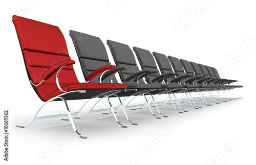 Black leather chairs with red chair leading isolated on white