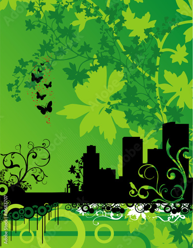 abstract vector with floral ornaments and urban background