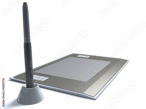 Graphic tablet with pen on white background