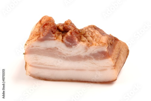 Fresh smoked tasty bacon isolated on white background.