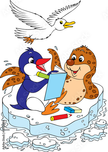 Penguin, seal and gull solve a crossword puzzle