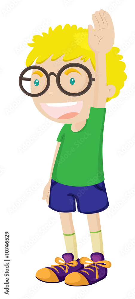 blonde boy standing with hand in the air