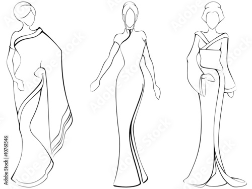 Sketch of women in traditional asian dresses