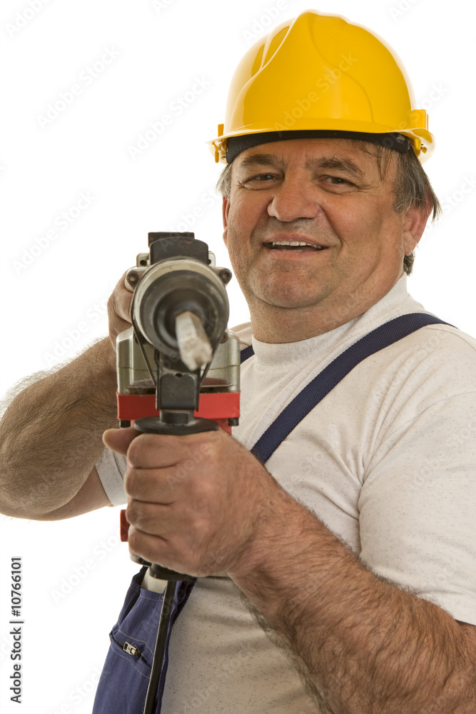 Arbeiter mit Bohrhammer und Schutzhelm Arbeiter mit Bohrhammer und Schutzhelm