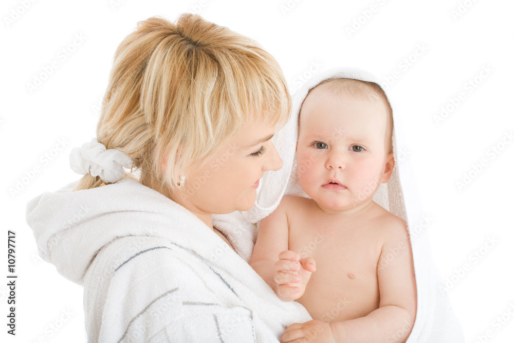 Happy mother with baby after bath Happy mother with baby after bath