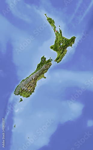 Obraz na plátně New Zealand, shaded relief map, colored for vegetation.