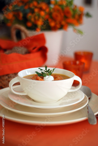 Sweet potato soup with shrimps and creme-fresh.