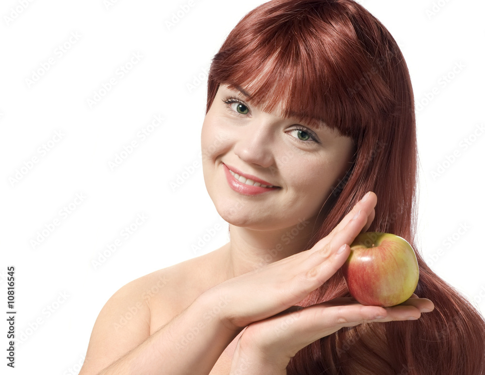 Beautiful young woman holding fresh apple, isolated over white Beautiful young woman holding fresh apple, isolated over white