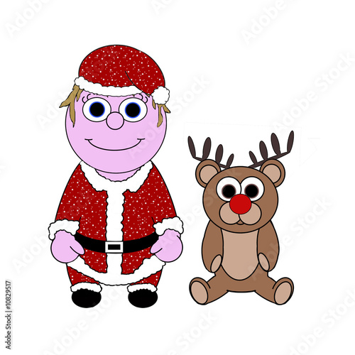 Santa Baby & Reindeer Teddy Cartoon - Isolated On White photo