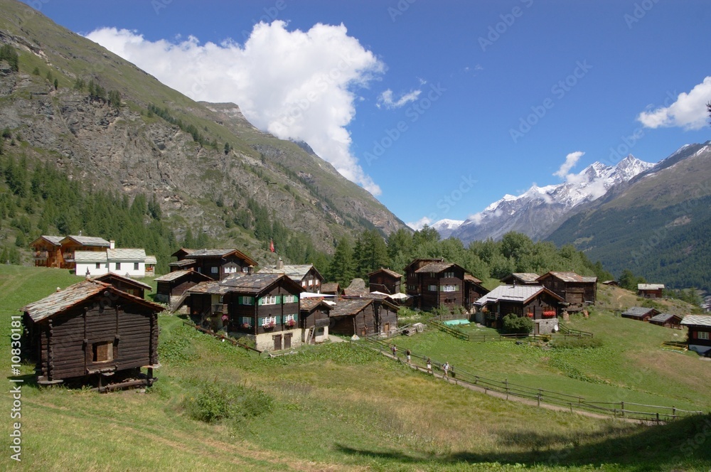 swiss landscape with village in mountains