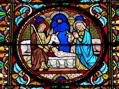 Stained glass window with a Nativity Scene