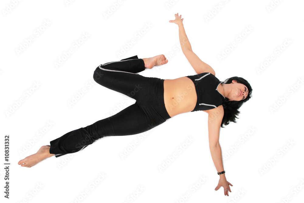 Sport woman in black makes exercise Sport woman in black makes exercise