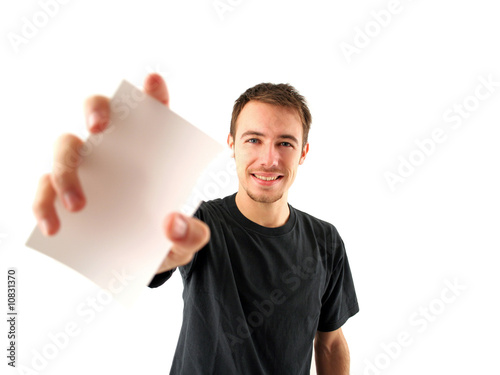 Young man with a card in the hand
