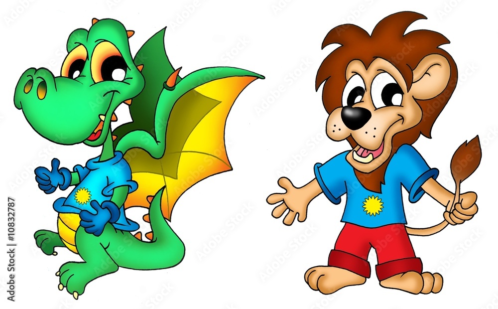 Naklejka premium Cartoon dragon and lion