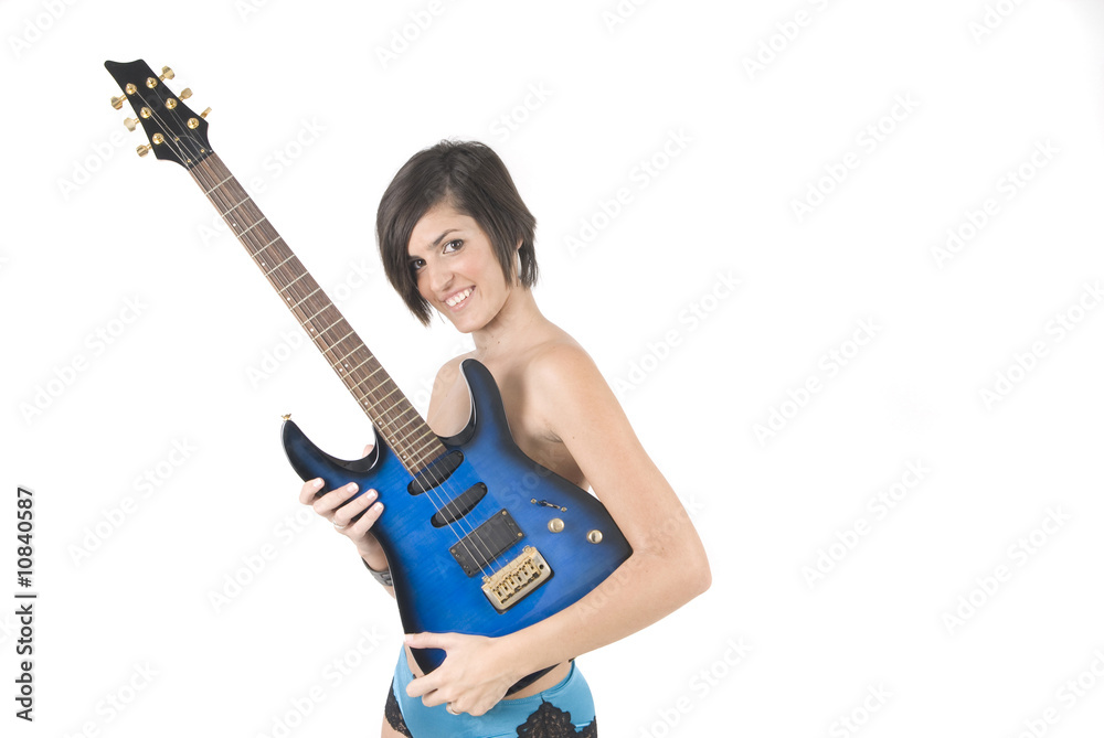 rocker woman with electric guitar and copy space rocker woman with electric guitar and copy space
