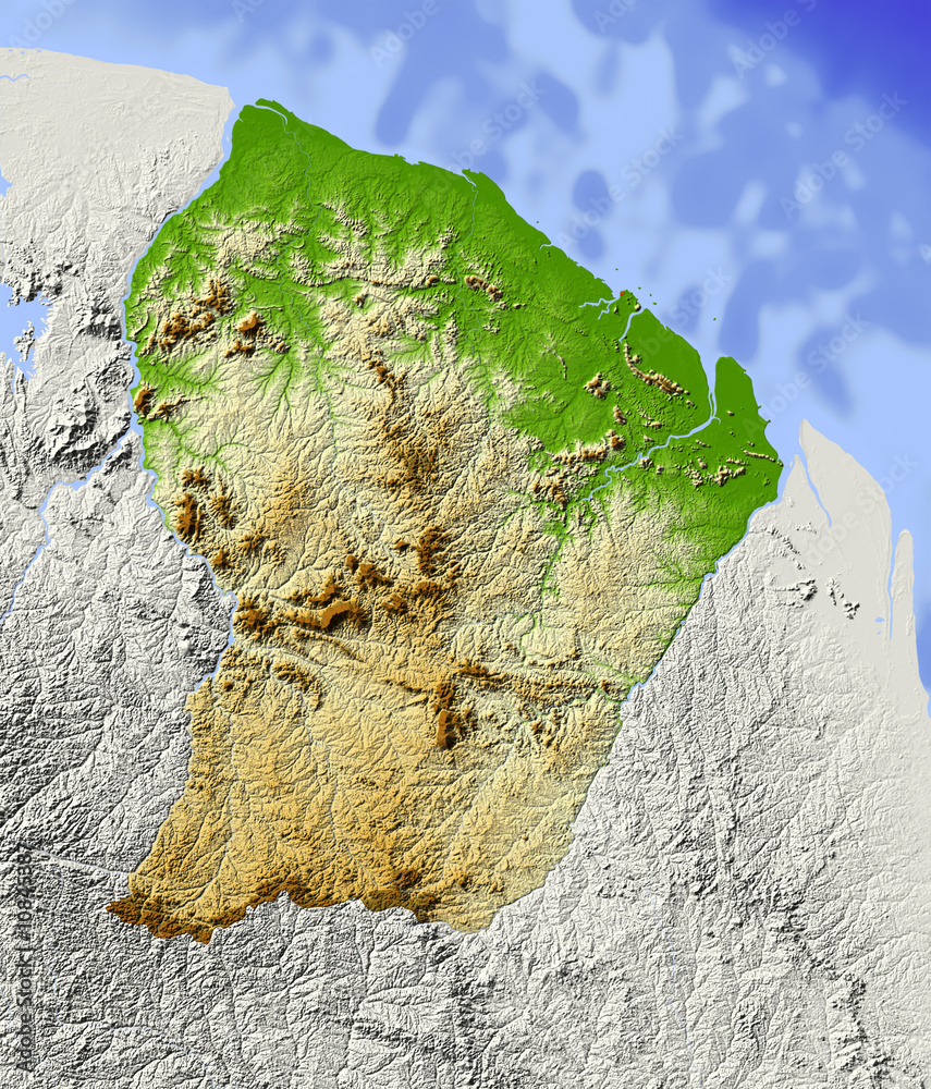 Fototapeta French Guiana, shaded relief map, colored for elevation.