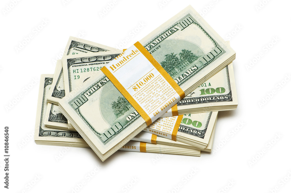 Ten thousand dollar stacks on the white Ten thousand dollar stacks on the white