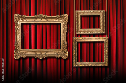 Red Stage Theater Curtains With 3 Hanging Gold Frames