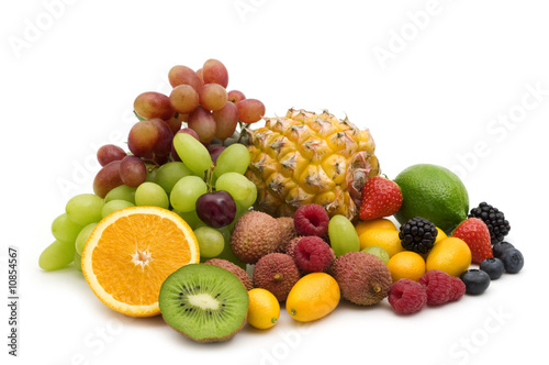 exotic fruits and berries on white background