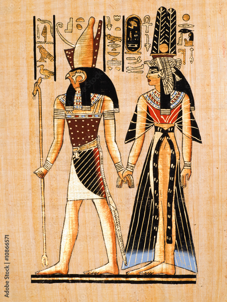 Obraz premium Egyptian papyrus: Amon-Re and Nefertari