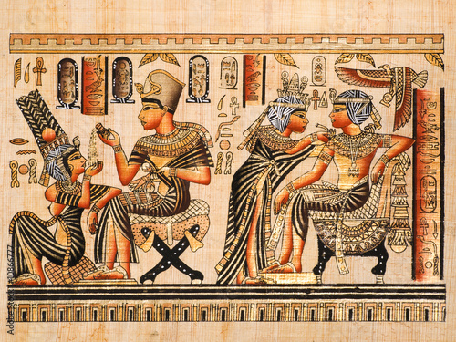 Egyptian papyrus: scenes of Tutankhamen and his wife Anhksenamon photo