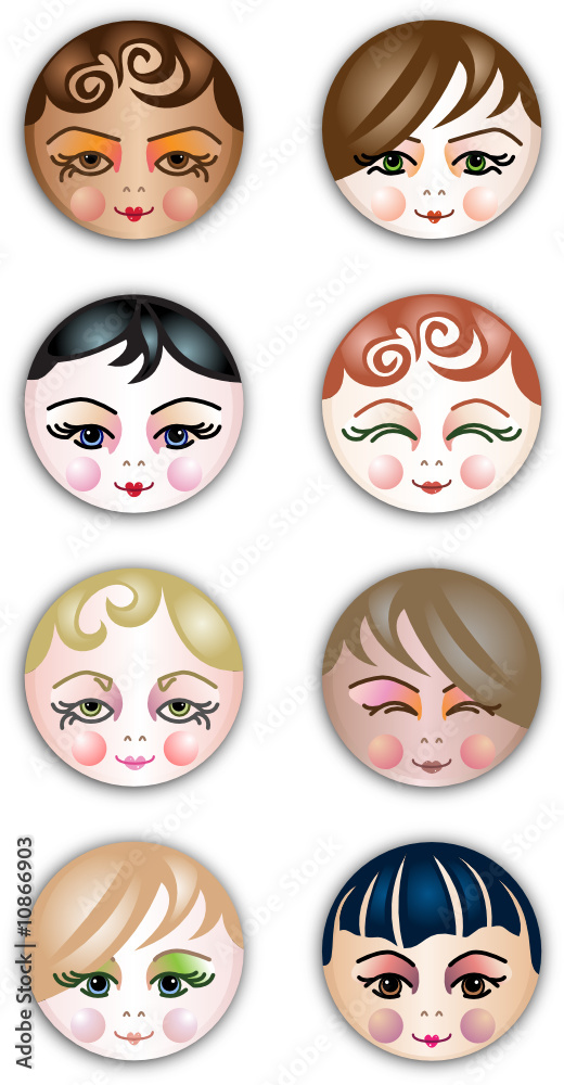 Cute smiling feminine face icons / buttons.
