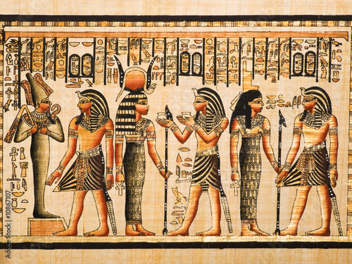 Papyrus showing Tutankhamen with Osiris, Hathor and Isis photo
