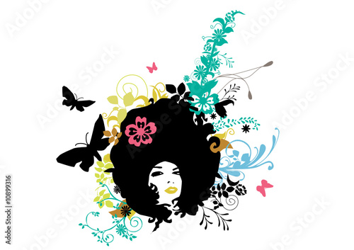 bstract girl with butterfly and floral crazy hair