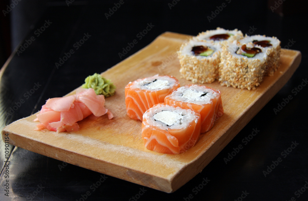 philadelphia maki sushi on plate, wasabi, ginger philadelphia maki sushi on plate, wasabi, ginger