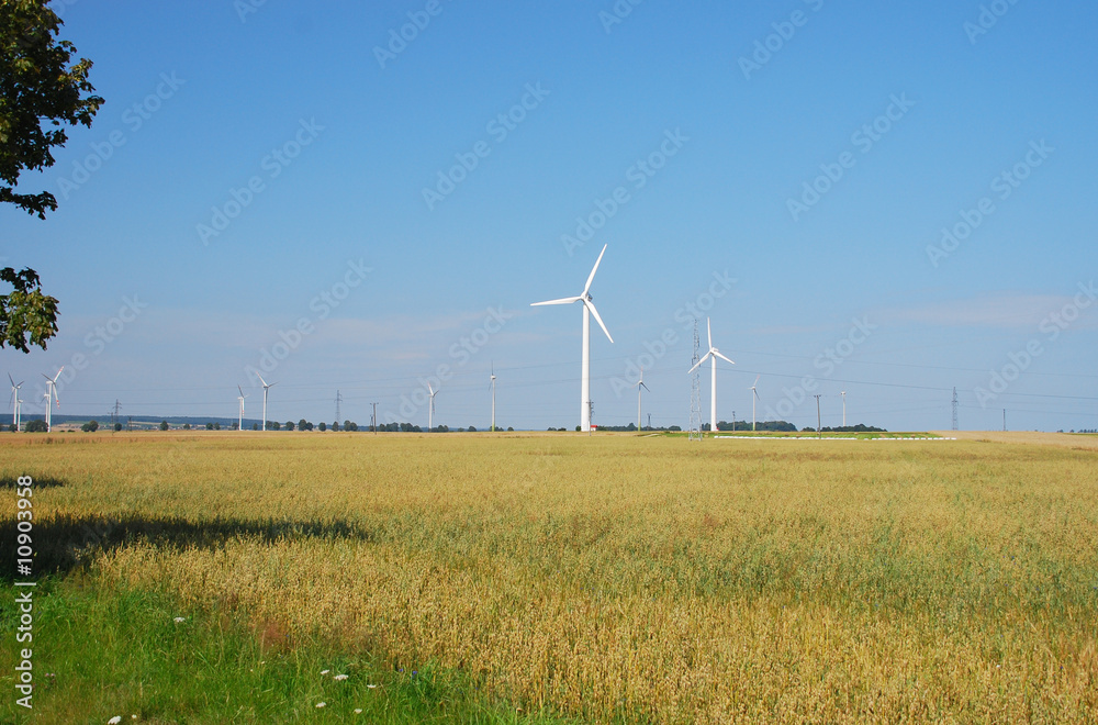 Wind power generators in the field against blue sky. Wind power generators in the field against blue sky.