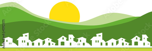 Little village banner with green mountains