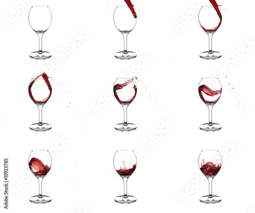 Nine stages of pouring red wine into wine glasses