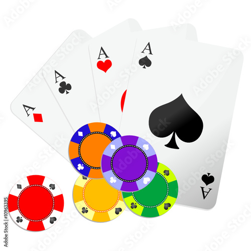 Playing cards and casino game chips over white background