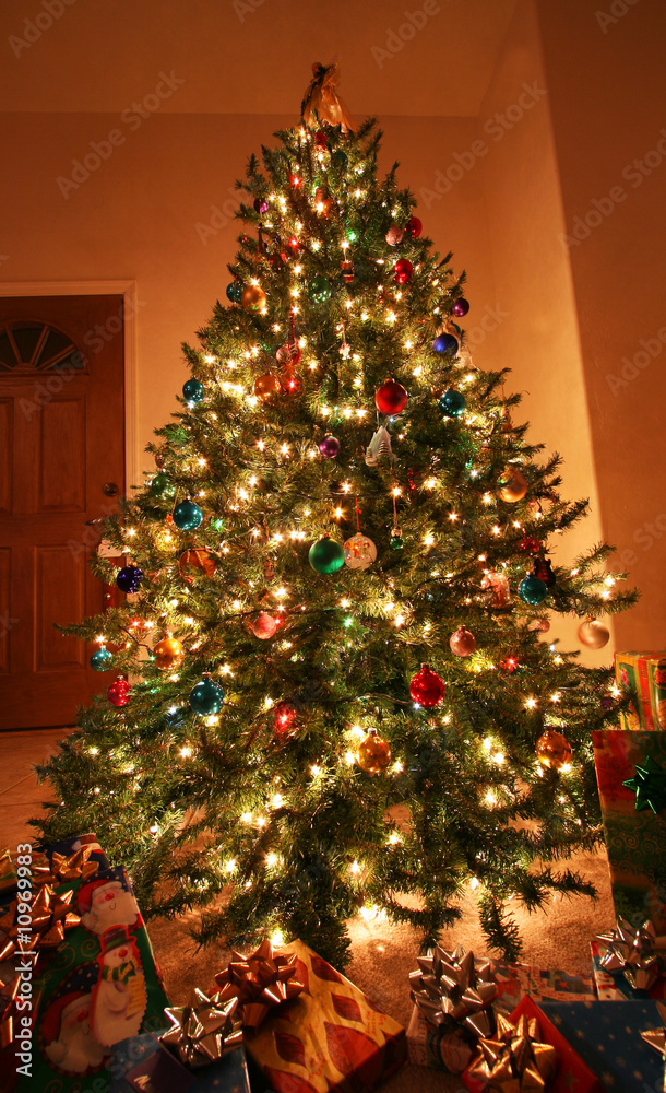 A  Shining Christmas Tree and Presents on Christmas Eve