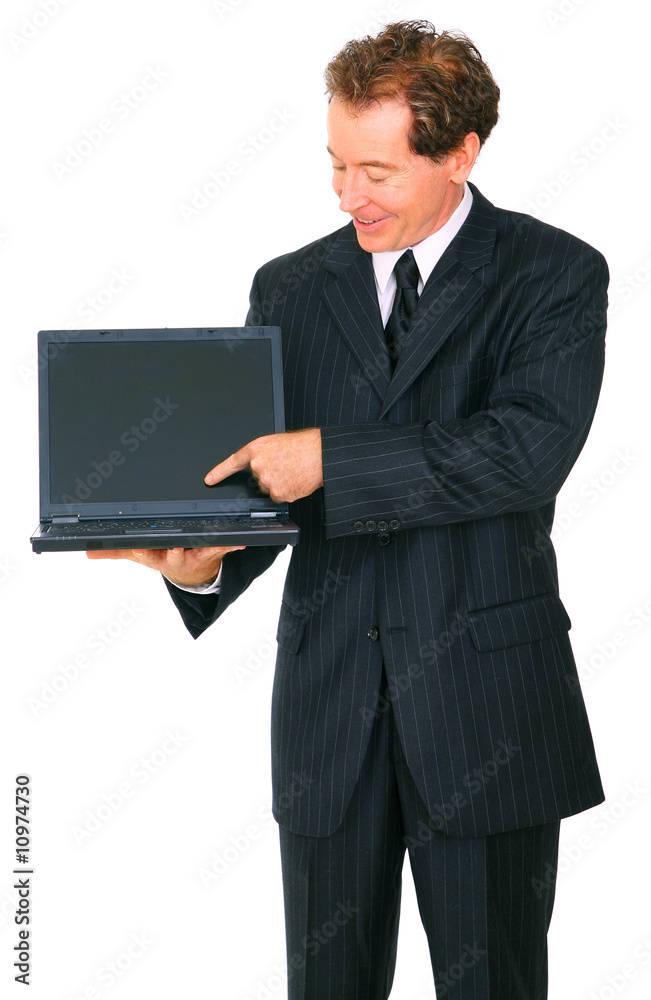 Senior Businessman Smiling Present Empty Screen Laptop Senior Businessman Smiling Present Empty Screen Laptop