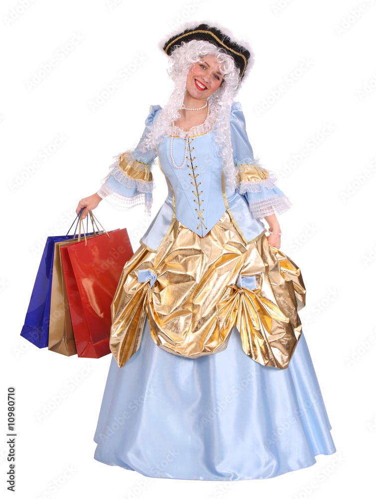 Woman in ancient dress  with gift bag.