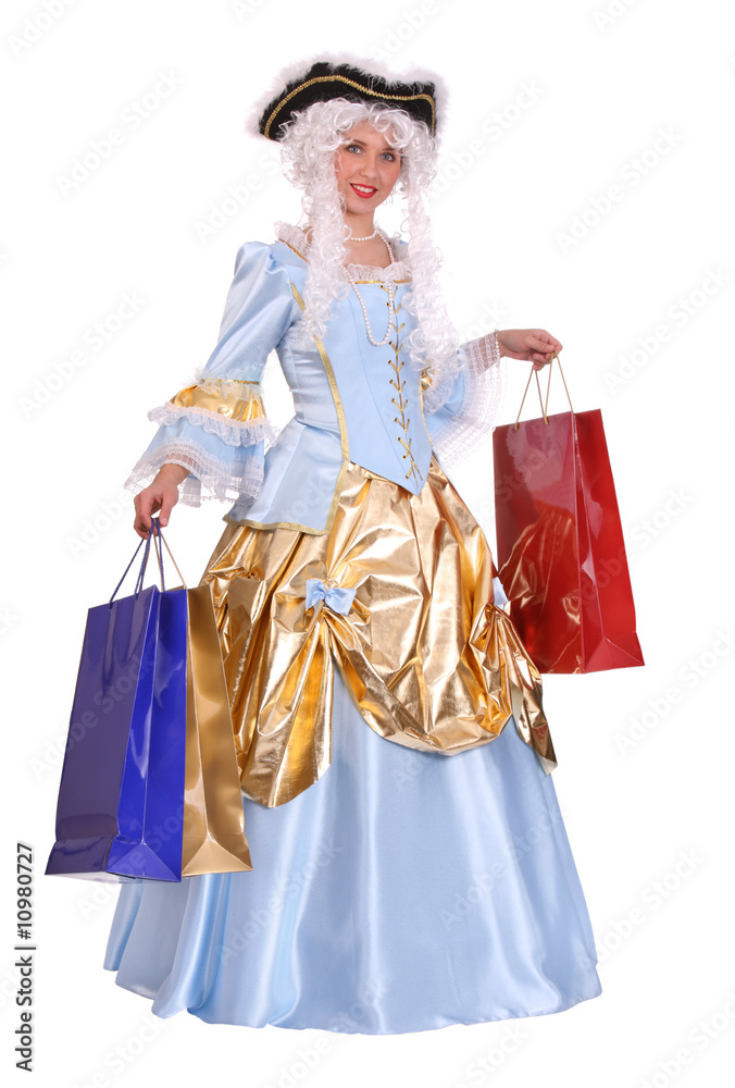 Woman in ancient dress with gift bag. Woman in ancient dress with gift bag.