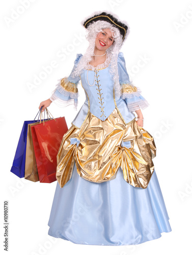 Woman in ancient dress with gift bag.