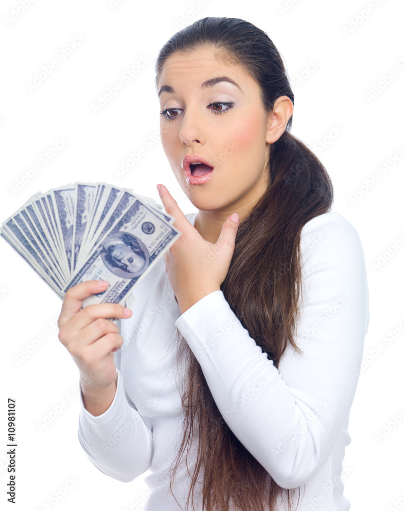 Portrait of a nice looking woman holding bunch of banknotes Portrait of a nice looking woman holding bunch of banknotes