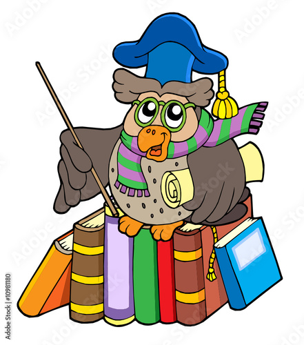 Owl teacher with parchment and books