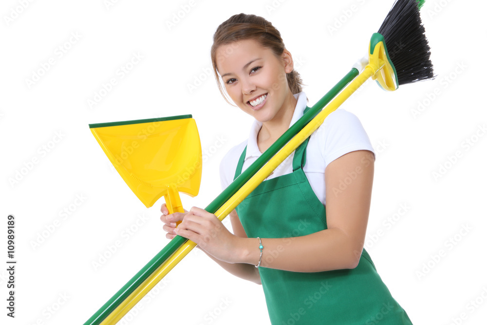 Cute Maid With Broom and Cleaning Supplies Cute Maid With Broom and Cleaning Supplies
