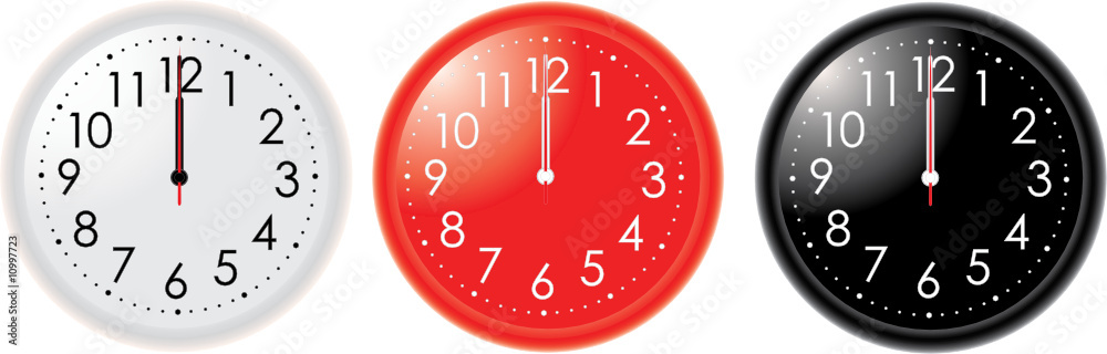 Different colors clocks with hands on 12 o'clock Different colors clocks with hands on 12 o'clock