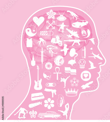 Icons overlaid on cross section of human brain.