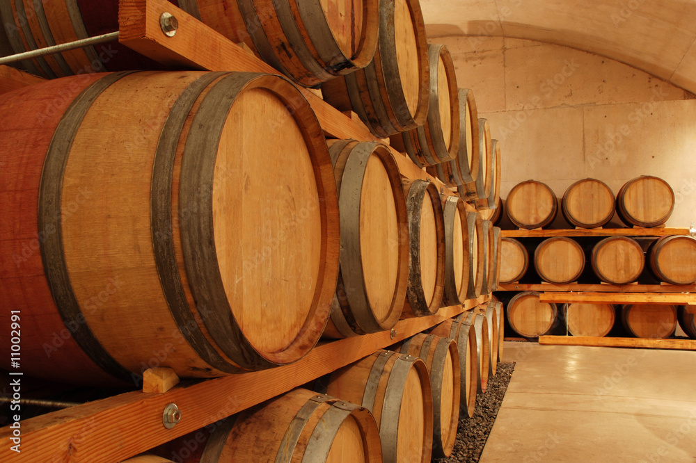 rows of wine barrels